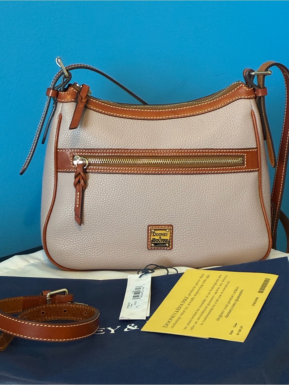 Dooney & Bourke Pebbled Leather Crossbody in Light Taupe with Tan Trim